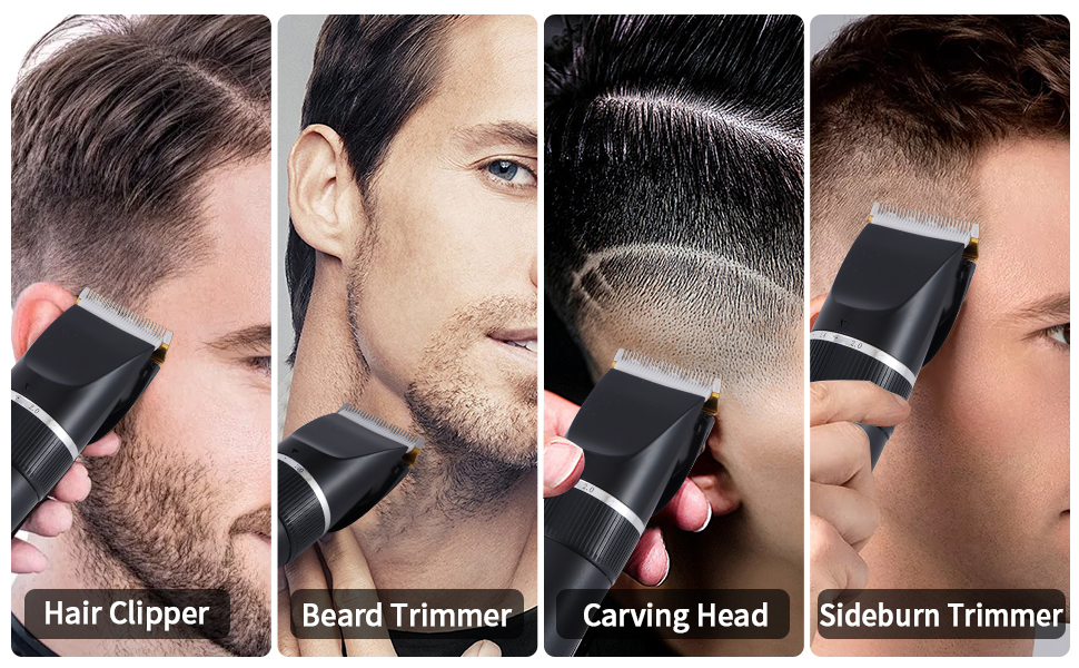 Appareil de toilettage électrique multifonction illustré en train de couper les cheveux, la barbe, de créer des motifs et de modeler les favoris. Comprend des têtes interchangeables pour des options de style polyvalentes.