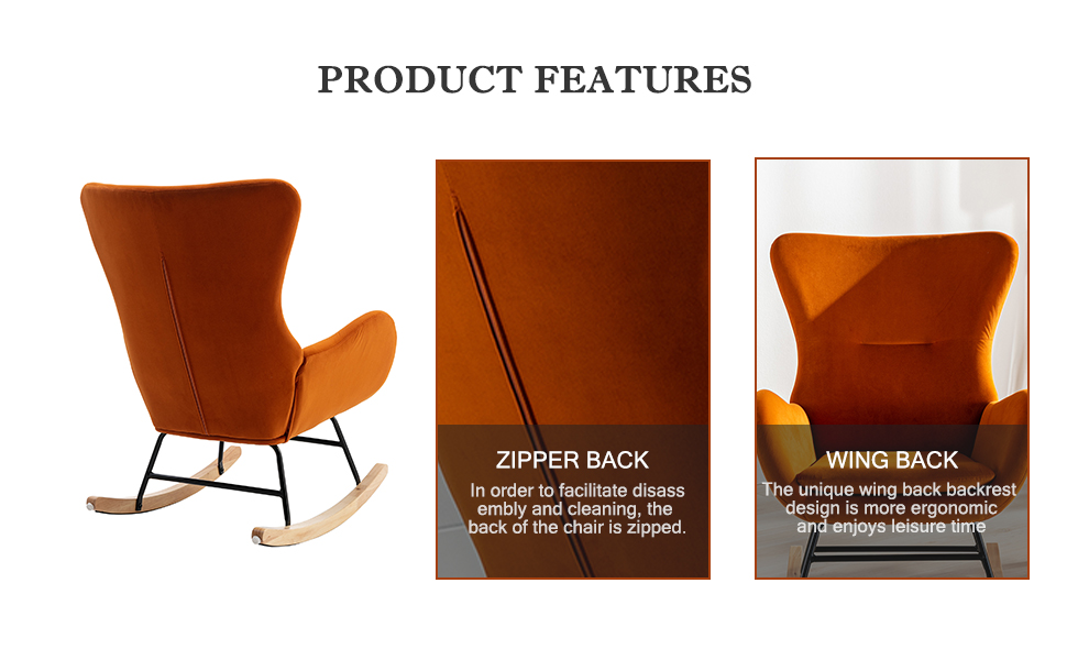 Kiztir Velvet Rocking Chair Nursery, Modern Rocking Chair with High Backrest, Comfy