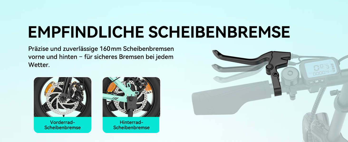 Montageplan für den Fahrradbremshebel mit dem deutschen Text „EMPFINDLICHE SCHEIBENBREMSE“ und zwei kleinen Anleitungsbildern, die die Installationsschritte zeigen.