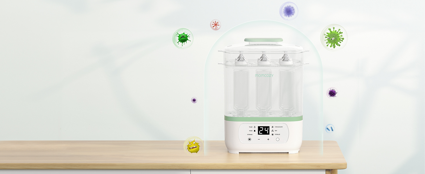 Das weiße Luftreinigergerät wird mit animierten grünen und blauen Partikeln dargestellt, die die Funktionen der Luftfilterung veranschaulichen.