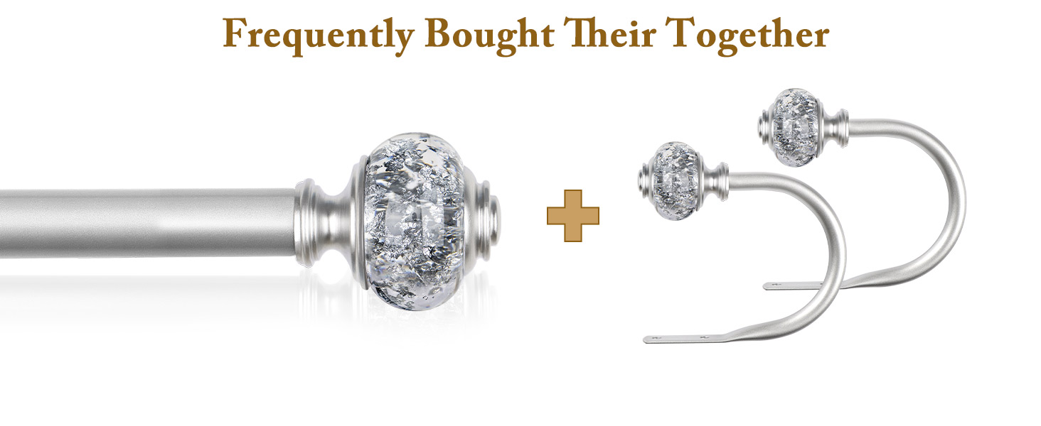 USFOOK Silver Double Curtain Rods 72 to 144 Inches and Holdbacks with Bling Finials