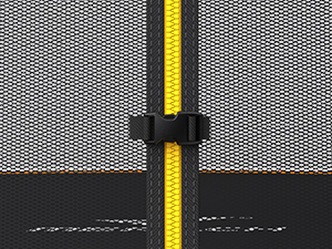 Close-up of a yellow zipper with black fabric trim against a gray mesh background. The zipper is partially open, revealing the interlocking teeth.