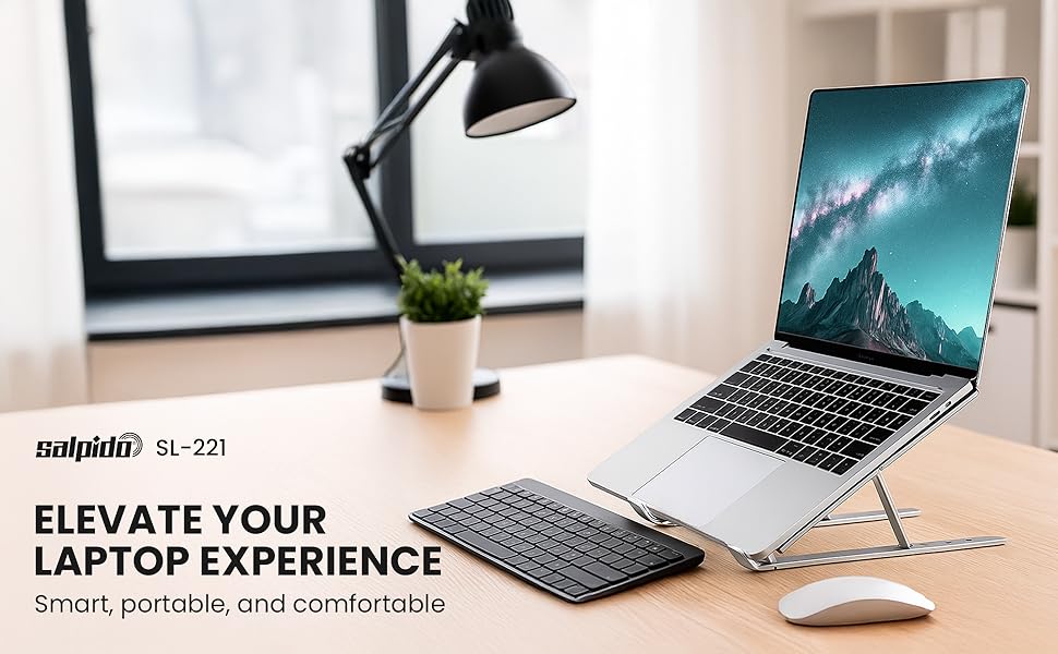 SL-221, 6-Level Adjustable Foldable Aluminum and Silicone Build Laptop Stand, Multi-Size Compatible, Easy Folding for Storage Ergonomic Comfort Works with MacBook, Dell, HP & More (Silver) 13 SALPIDO LAPTOP STAND SL-221