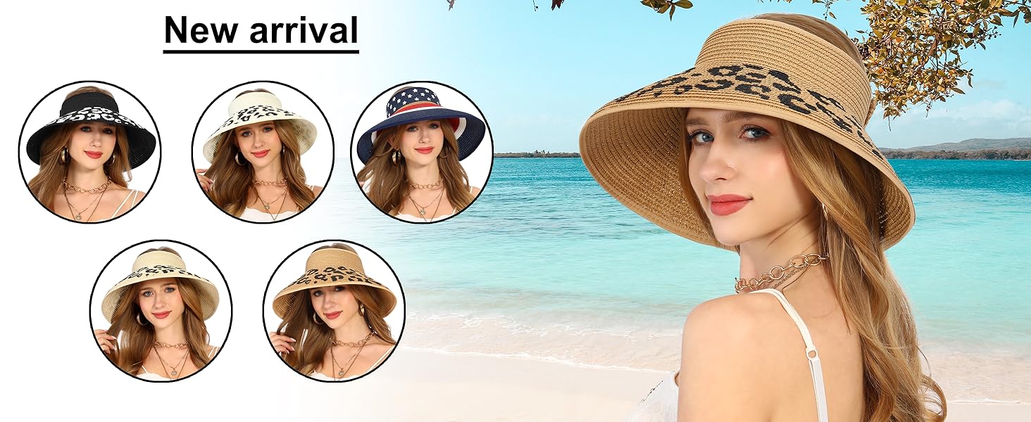 womens beach straw sun hats ponytail hole wide brim summer visor foldable hat uv Protection 