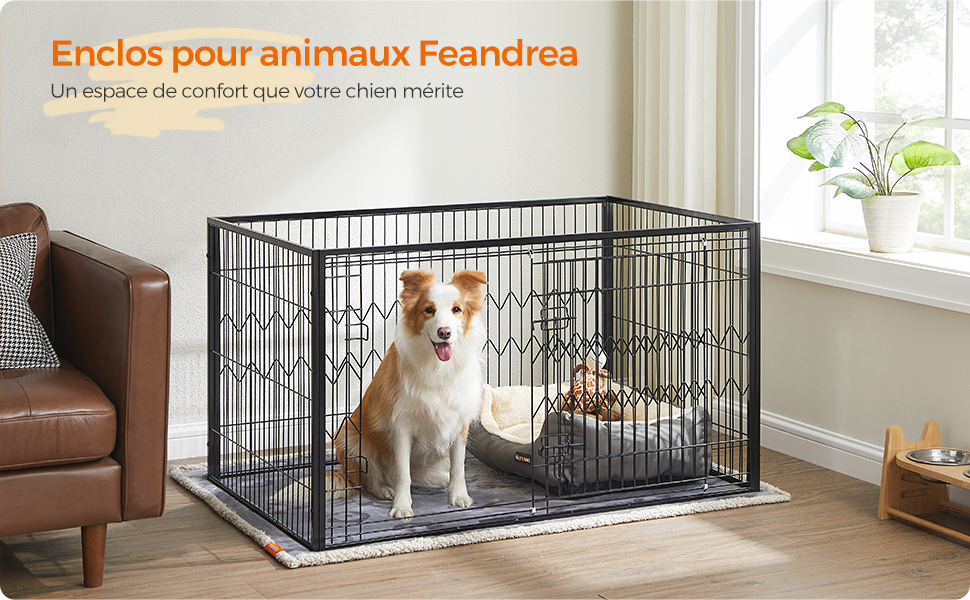 FEANDREA Parc Pour Chien, Clôture, Enclos, Cage, 4 Panneaux Rectangulaires, Porte Coulissante Avec Doubles Verrous, 122 X 80 X 70 Cm, Pour Intérieur, Chiens, Lapins, Noir Par Songmics PPK003B01 10 1