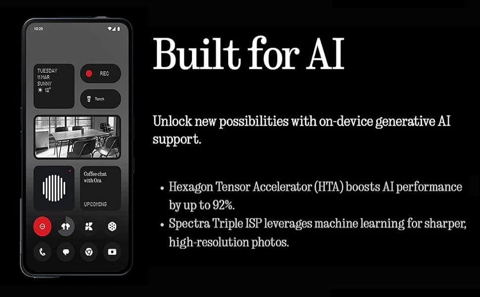 Smartphone screen with AI features and performance enhancement specs.