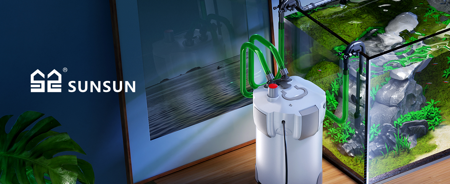 Der Text lautete „SUNSUN“. Das Aquariumfilter- oder Pumpensystem wird in mehreren Installationsansichten mit grün bepflanztem Aquariumhintergrund dargestellt.