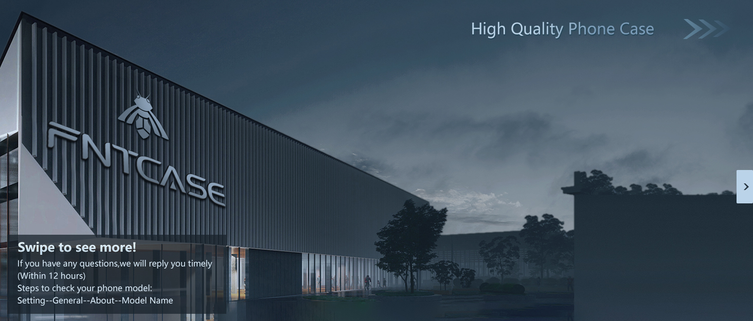 Dark, moody image of building exterior with 'TNTCASE' signage. Text overlay reads 'High Quality Phone Case' with right-pointing arrow.