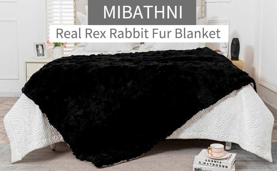 Mibathni Real Rex Rabbit Fur Blanket Throw Soft Black Plush