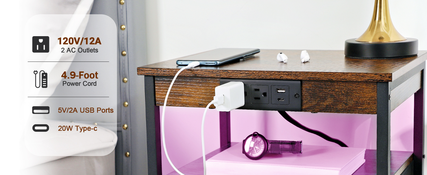 LOAKEKEL LED Nightstand with Charging Station, Tall Dresser