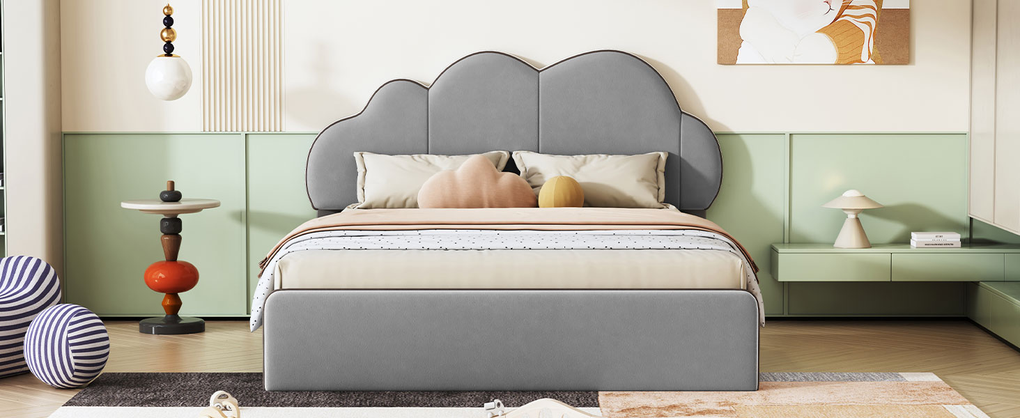 Queen Size Bed Frame, Modern Velvet Upholstered Platform