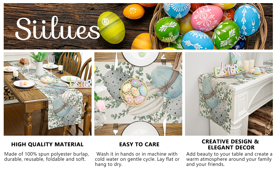 Siilues Easter Table Runner, Easter Eggs Decorations Happy