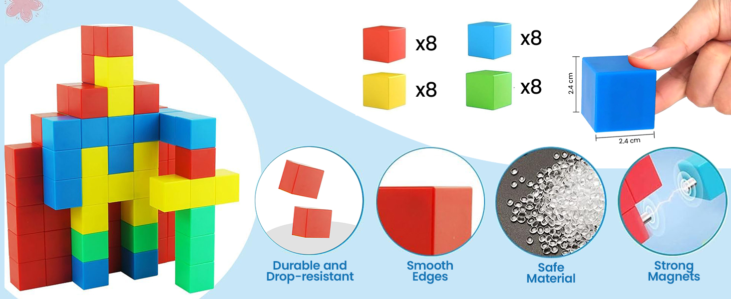 lose-up view of smooth-edged blocks, strong magnets, and child-safe plastic materials