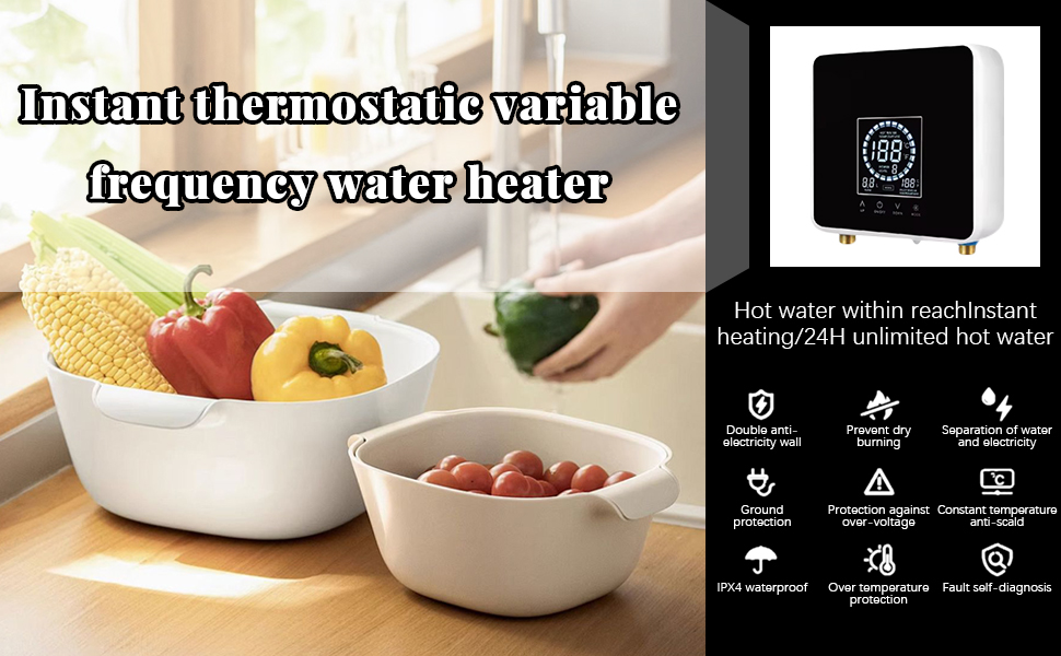 que muestra características e íconos, junto con tazones blancos para servir con verduras frescas sobre una superficie de madera