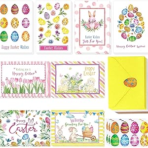 Winlyn 120 Sets Easter Cards with Envelopes Stickers Assortment 8 Designs  of Watercolor Easter Egg Tulip Bunny Sheep Chick Greeting Cards Blank ...