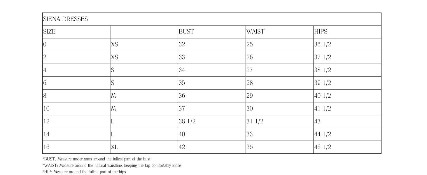 siena dresses size chart