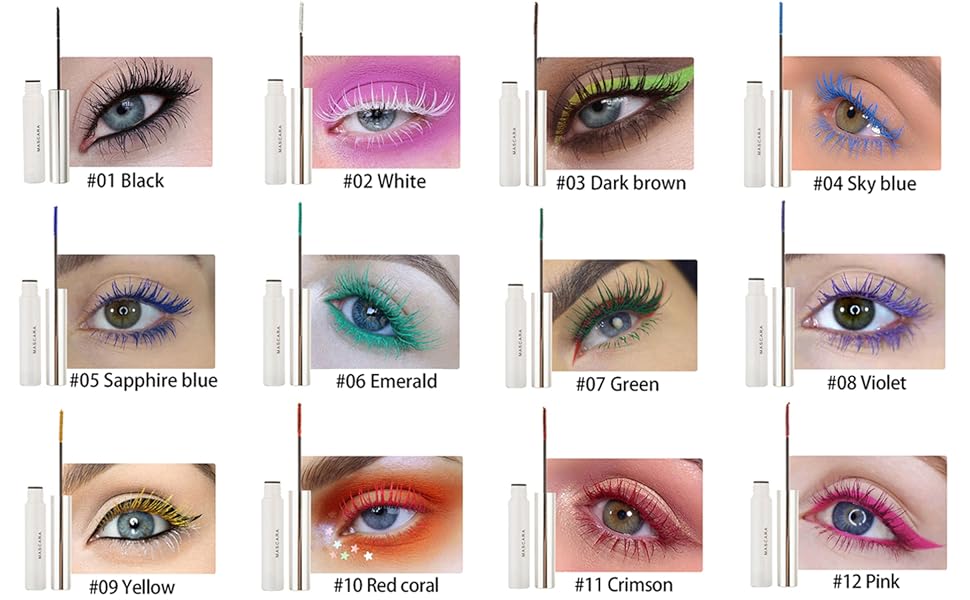 Swatches of different eyeshadow colors numbered #01-#12, showing various shades from black to pink, brown, taupe, and metallic finishes.