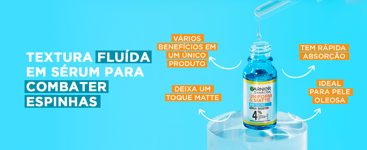 Sérum Antiacne Uniform e Matte sobre fundo azul com setas brancas apontando seus benefícios