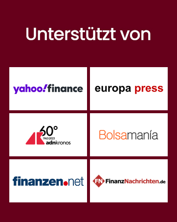Pénzügyi hír- és adatszolgáltatók logóinak rácsa, beleértve a Yahoo Finance-t, az Europa Presst, a Bolsamania-t és a Finanzen.net-et, a németországi