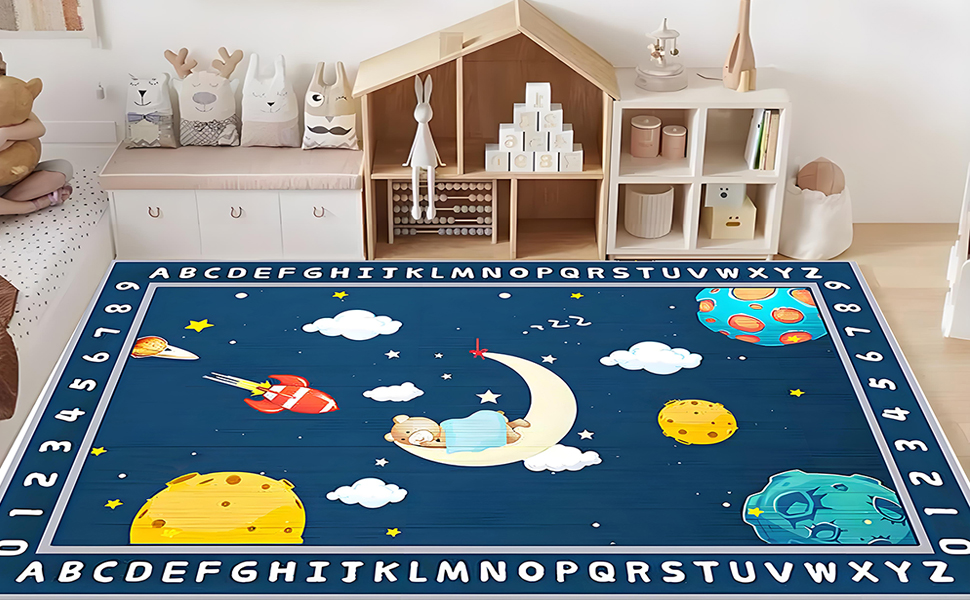 Alphabet Space Planets Soft Cozy Rugs for Kids Bedroom Playroom