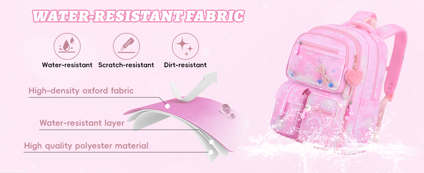 Le texte indique « TISSU RÉSISTANT À L'EAU », « Tissu Oxford haute densité », « Type résistant à l'eau », « Matériau en polyester de haute qualité ». Sac à dos rose à compartiments multiples illustré avec un schéma des couches de tissu.