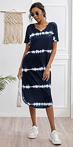 Milumia Women's Casual V Neck Short Sleeve Split Curved Hem Straight Midi T Shirt Dress 