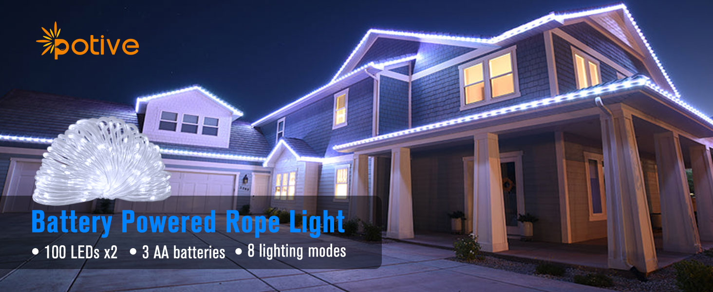 POTIVE 100 LED Rope Lights Battery Operated, Battery Rope