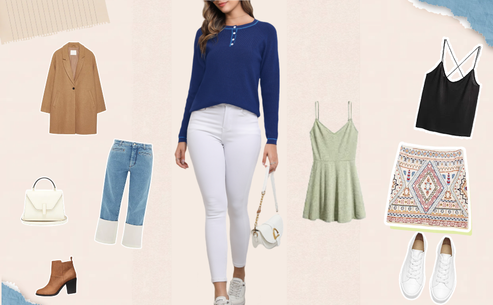 Women Henley Neck Button Closure Long Sleeve Jumper, Blue