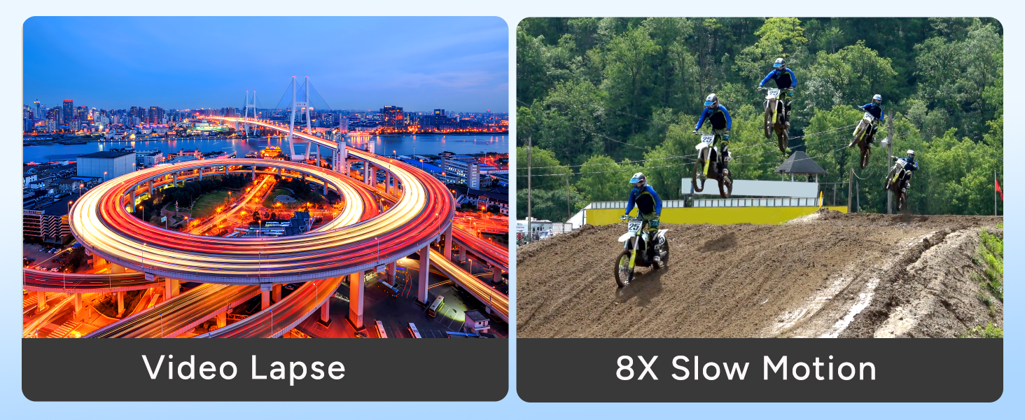 Text reads 'Video Lapse' and '8X Slow Motion'. Series of action sports photos showing bike riding and aerial stunts on outdoor tracks with jumps.