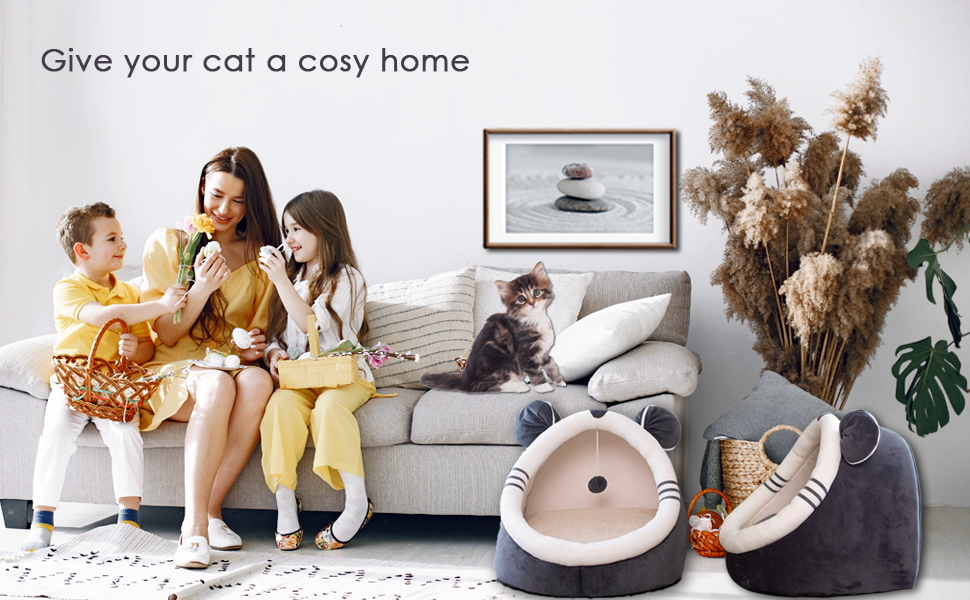 12.9 Inch Semi-Enclosed All-Season Cat Bed, Comfortable and Soft Indoor Cat Bed for Play and Sleep, Washable 19 6