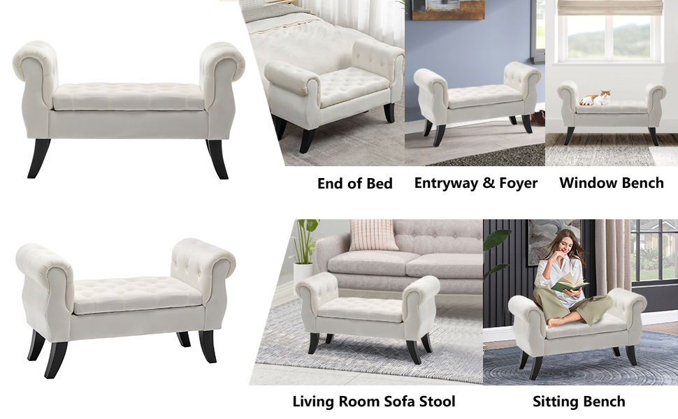 Setawix Rolled Arm Bed Bench with Storage Velvet Cushioned Bedroom Ottoman Benches