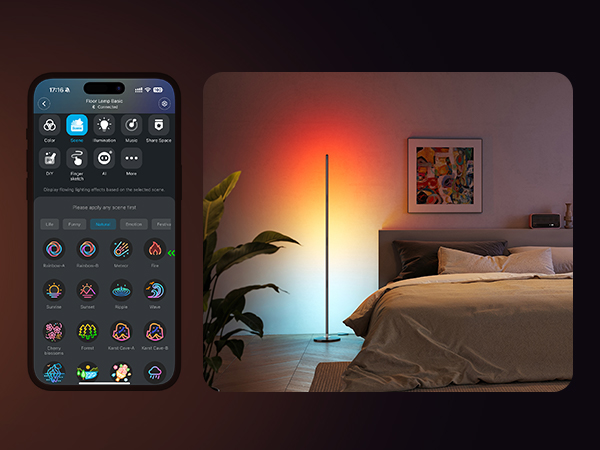 Text reads 'Image 1'. Mobile app interface showing smart home controls in dark mode, with bedroom scene showing ambient lighting and furniture in background.