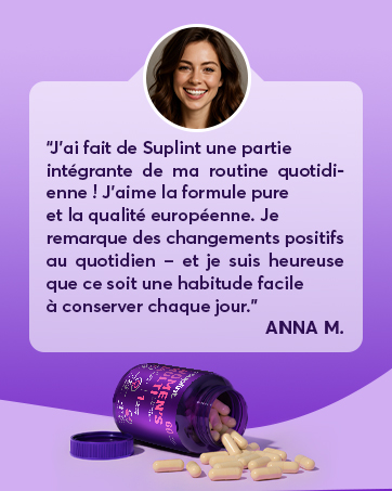 Image marketing du produit présentant un contenant de produits de soins de la peau ou de beauté de couleur violette sur fond violet avec un témoignage en texte français.