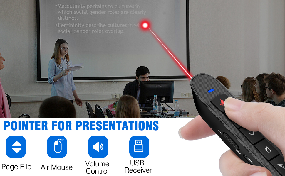 Presentation Clicker with Air Mouse Control, Rechargeable