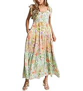 GRMLRPT Women Floral Maxi Dress Boho Tie Shoulder Sleeveless Smocked Patchwork Flowy Summer Casua...