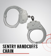 A picture of police hinged handcuffs. Text reads: Sentry Handcuffs with Chain.