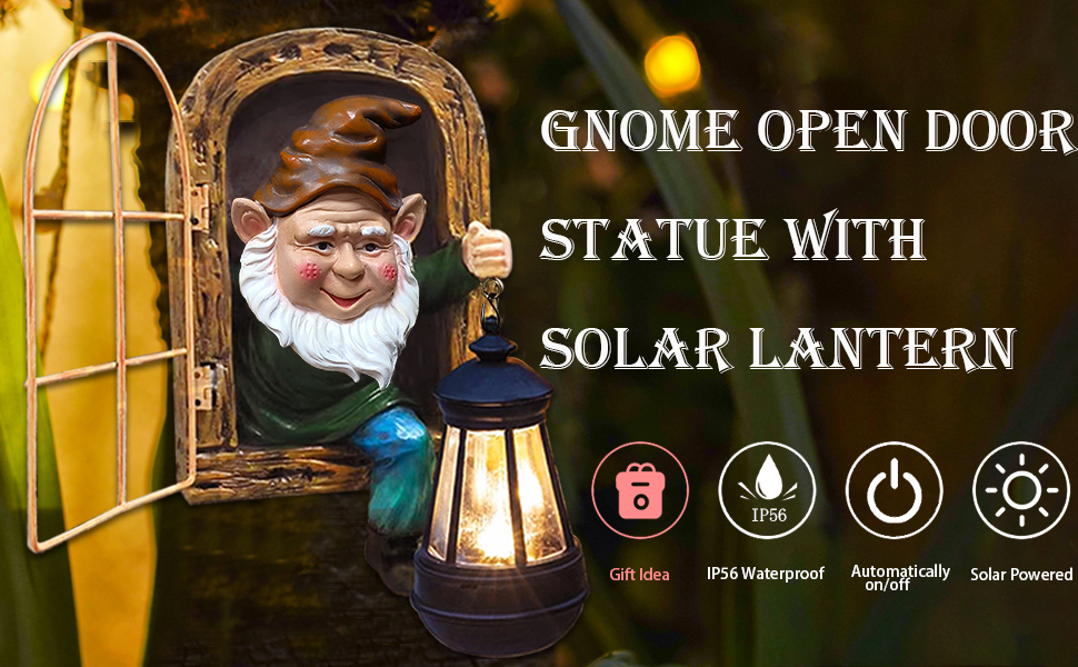 Fairy Garden Statues Gnomes Solar Lantern - Whimsical Elf Out The Door Tree Hugger Figurines Fence Wall Yard Art Home Decor Outdoor Tree Face Sculpture, Ideal Halloween Decorations 10 garden gnomes