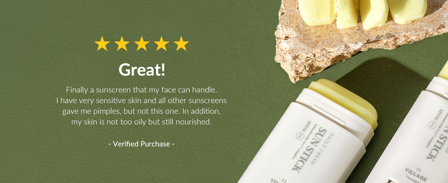 Two white tubes of skincare product on green background with slice of kiwi. Five-star review text visible, praising product's effectiveness for sensitive skin.