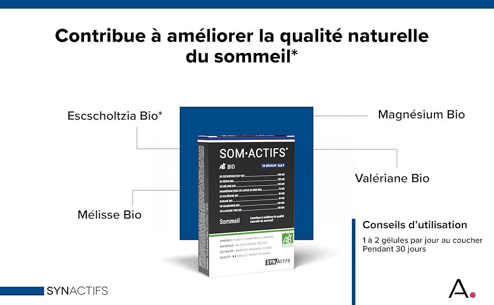 avec les ingrédients listés : Escholtzia Bio, Mélisse Bio, Magnésium Bio, Valériane Bio. Prétend améliorer la qualité naturelle du sommeil.