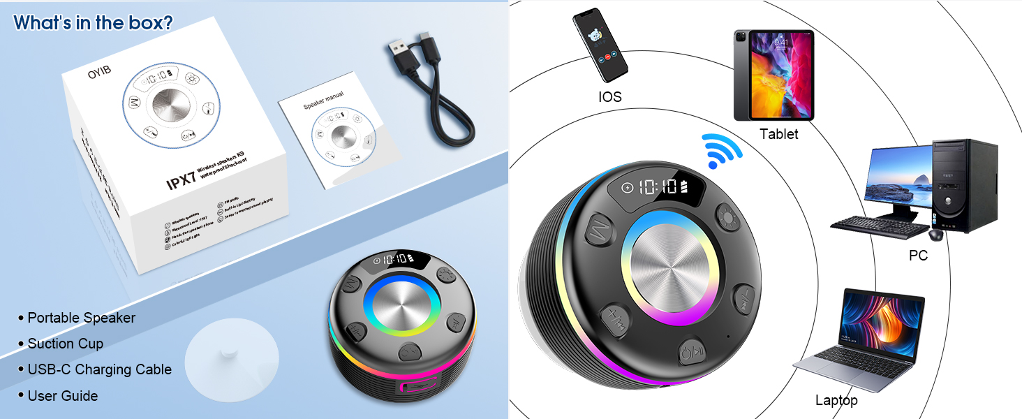 OYIB Bluetooth Shower Speaker, Portable Bluetooth Speaker with 360° Surround Sound, RGB Lights