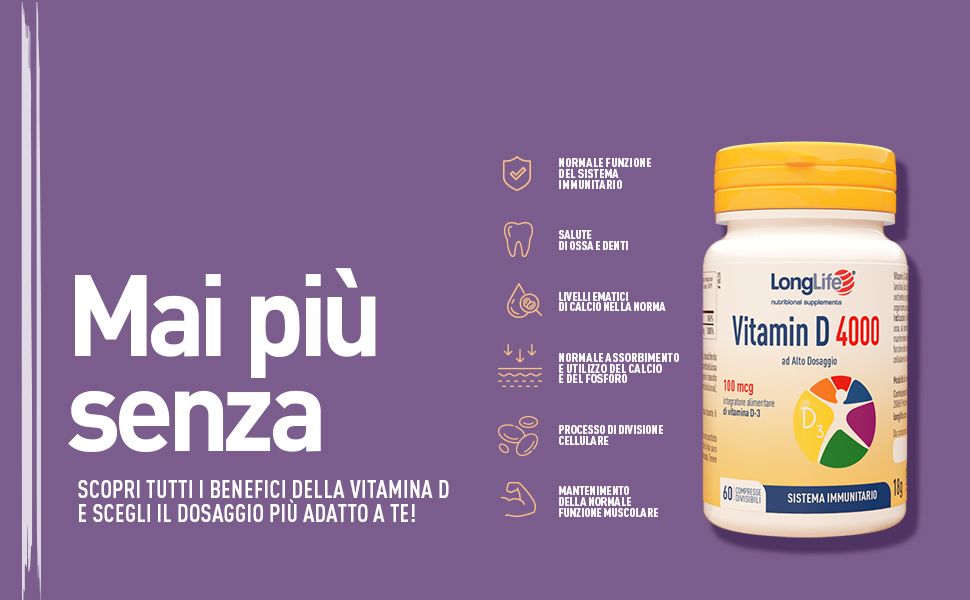 vitamina d; D3; 400mcg; alto dosaggio; sistema immunitario; longlife; integratori alimentari;