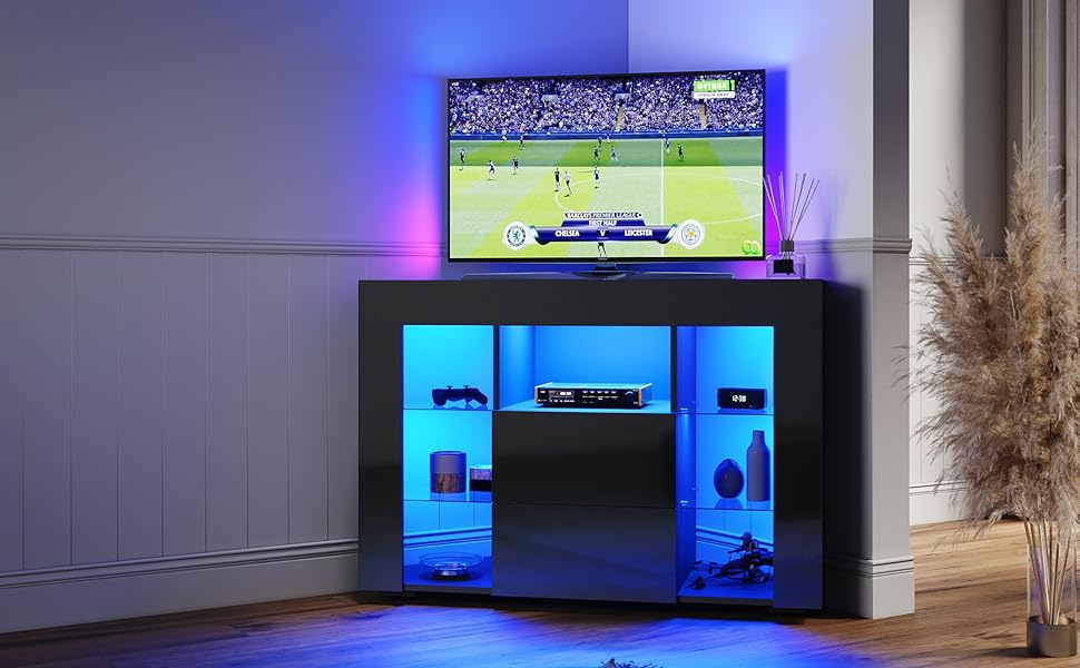 ELEGANT Corner TV Stand with RGB Lights, 100cm High Gloss Black TV Unit