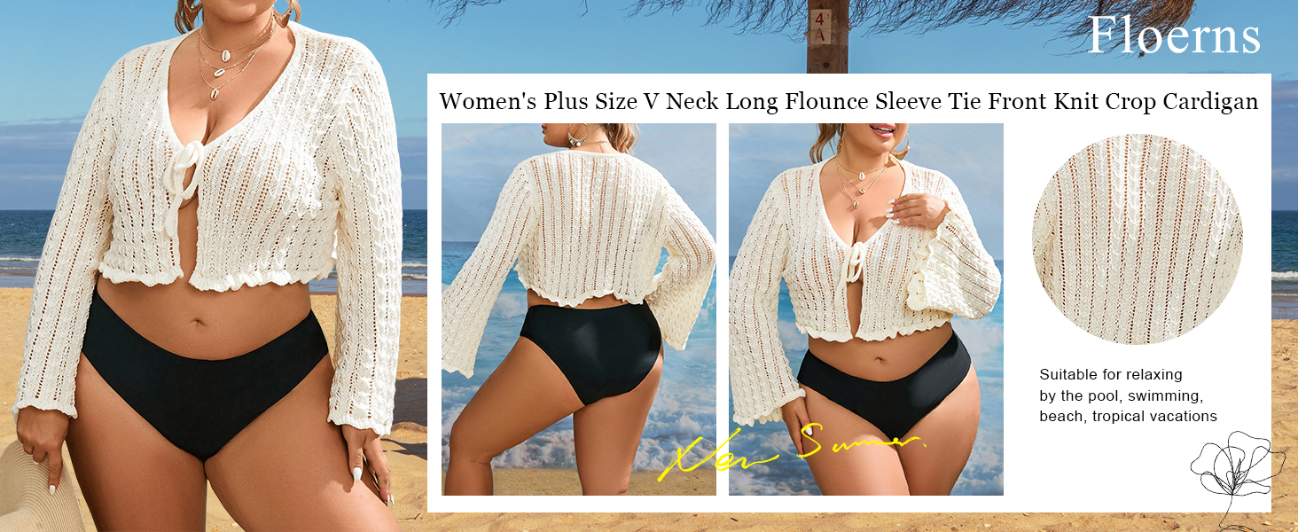 Plus Size V Neck Long Flounce Sleeve Tie Front Knit Crop Cardigan