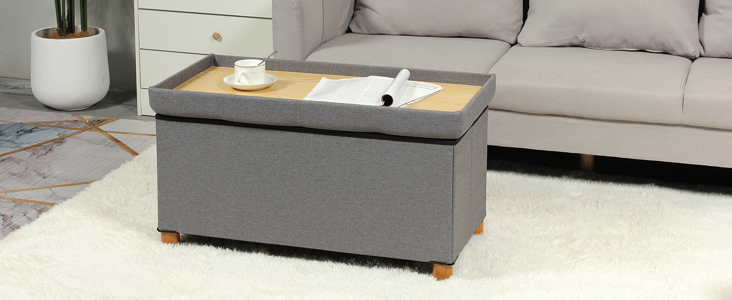 Bonlife Footstool for Living Room,Grey Ottoman Storage Box with Tray