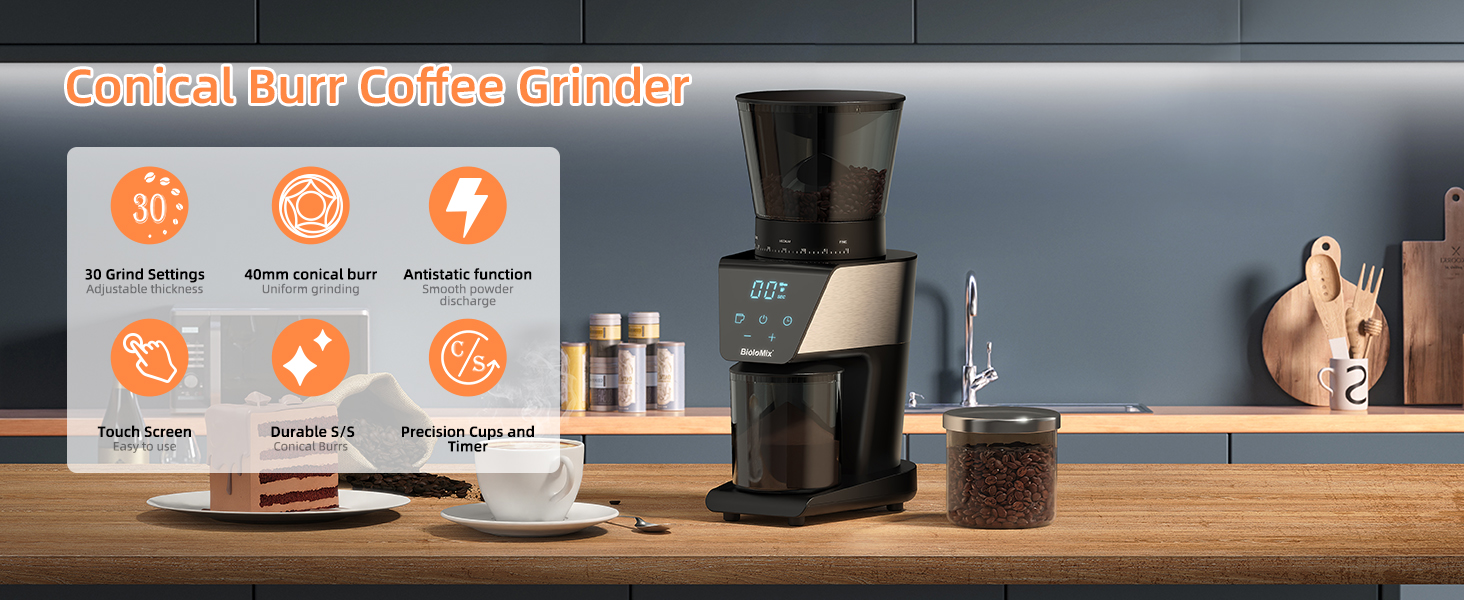 Conical Burr Coffee Grinder With Touchscreens Digital Timer Display
