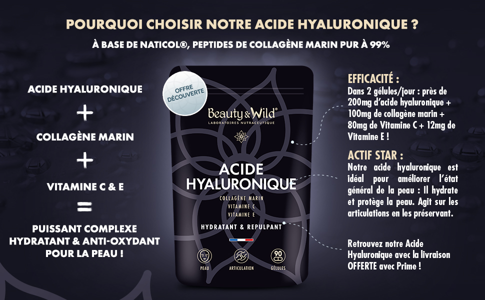 en français affichant des détails sur la formule de soin de la peau à l'acide hyaluronique avec du collagène marin et des vitamines.
