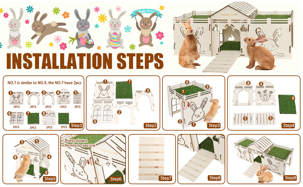 Teabelle Large Wooden Rabbit Castle Hideout, Bunny House with Artificial Grass