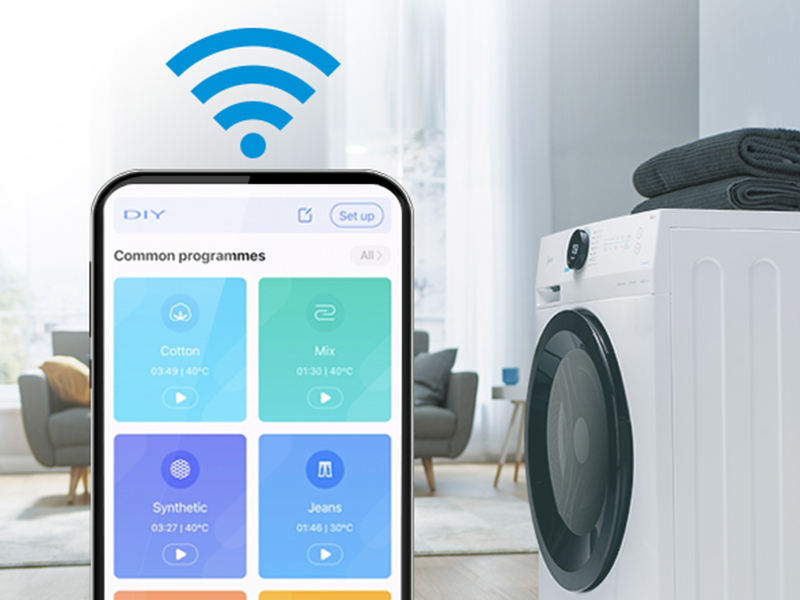 Masina de spalat rufe Midea, 8 KG 1400 RPM, Clasa A, Automatic Volume, Steam Care, Refill Function, Time Saving, Turbo Wash, SLIM, App Control, Aqua Stop, Alb, MF200W80WB-14AS 14 APLICAȚIE WIFI