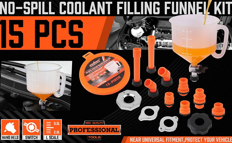 NoSpill Coolant Funnel Kit, with Valve Switch and Handle on Funnel