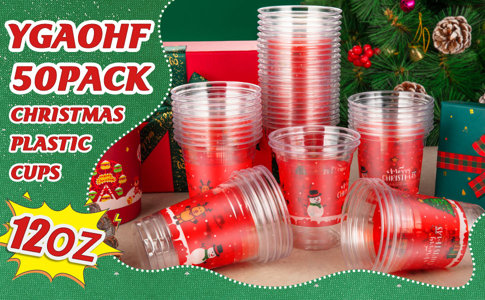YGAOHF 50 Pack Disposable Plastic Christmas Cups 12 oz